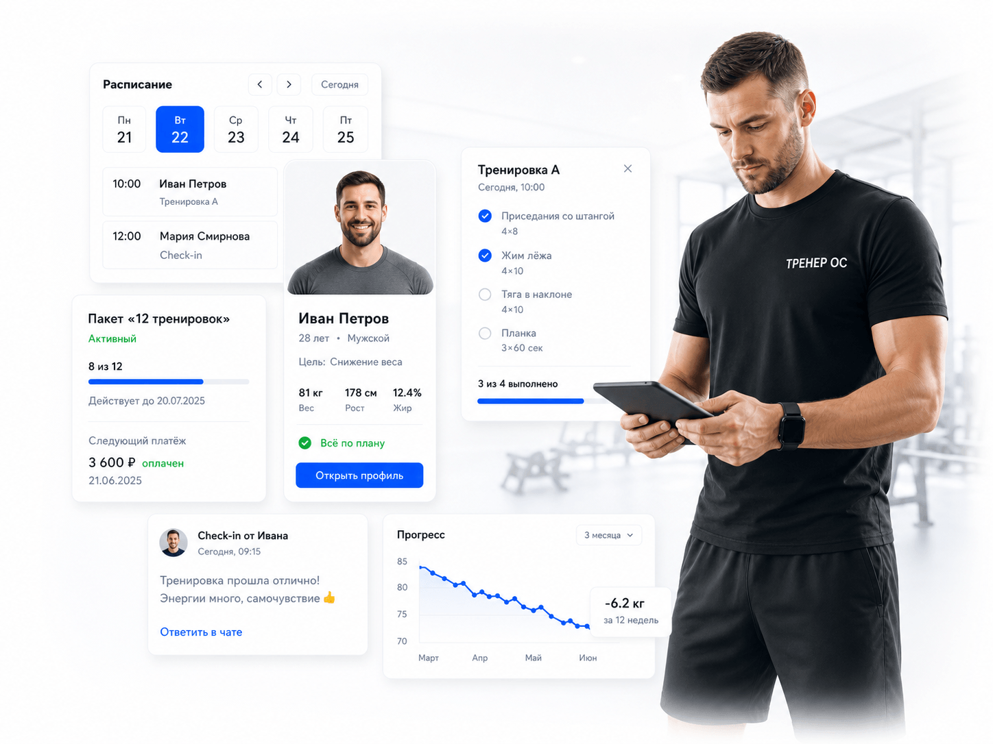 ТренерОС: расписание, клиент, тренировка, пакет, check-in и прогресс в одной системе