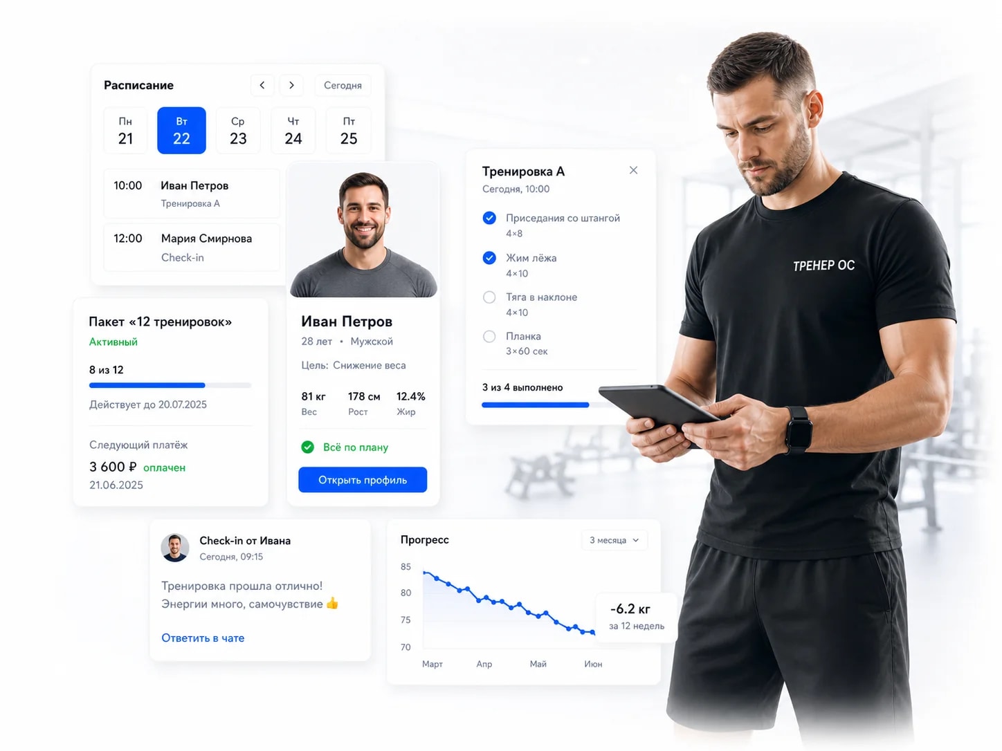 ТренерОС: тренер, расписание, клиент, тренировка, пакет, check-in и прогресс в одной системе