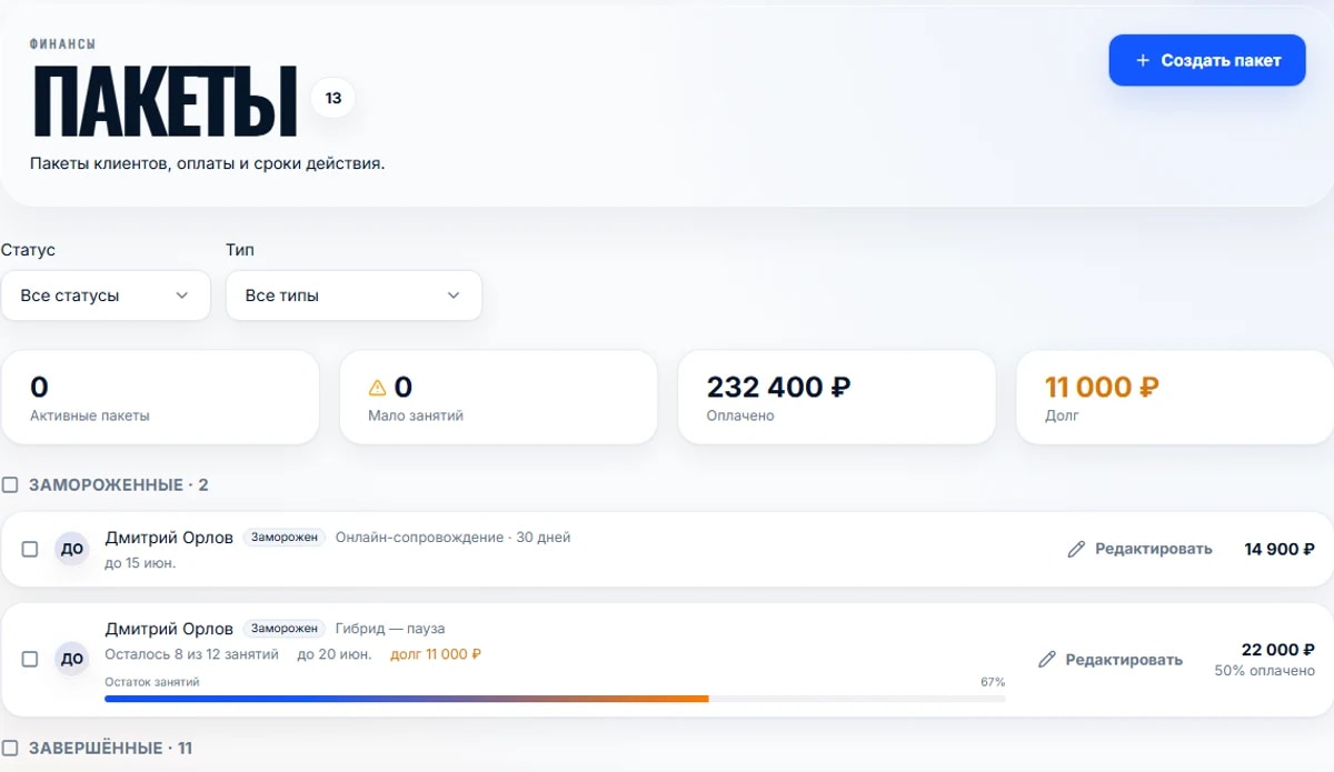 Пакеты и оплаты: инфографика решения